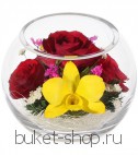 Композиция в вакууме из живых цветов. Розы, Орхидеи. Композиция из живых цветов сохраняет свой естественный облик в течение пяти-семи лет