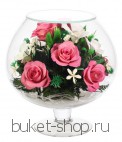 Композиция в вакууме из живых цветов. Розы, Орхидеи. Композиция из живых цветов сохраняет свой естественный облик в течение пяти-семи лет