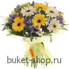Флирт. Герберы, Фрезия, Ирисы.. Классический круглый букет.