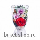 Композиция в вакууме из живых цветов. Розы, Орхидеи. Композиция из живых цветов сохраняет свой естественный облик в течение пяти-семи лет